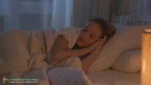 A young girl is peacefully sleeping in a dimly lit bedroom, lying on her side with her hands tucked under her cheek, covered by a cozy blanket.